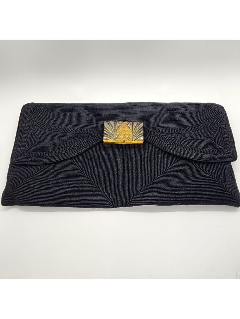 ​Vtg 1940s Genuine Corde Black Clutch Bag • Carved Amber Bakelite Art Deco Clasp